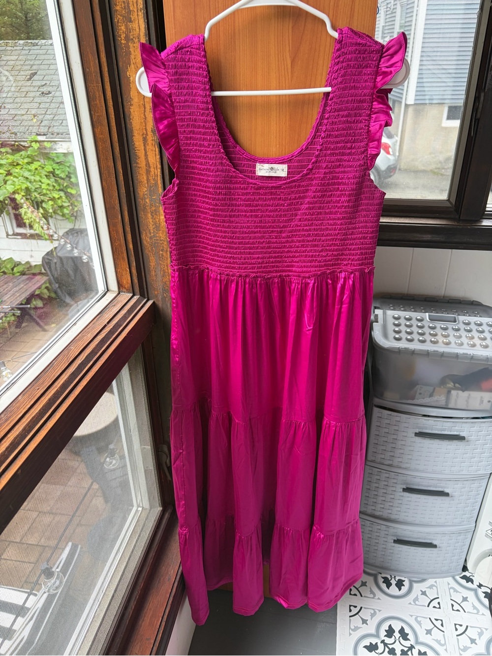 NATURAL LIFE Hot Pink Smocked Tiered Dress with Ruffle Sleeves